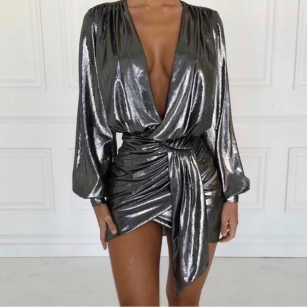 silver house of cb dress House of CB - Katja Silver Metallic Lace Corset Dress
